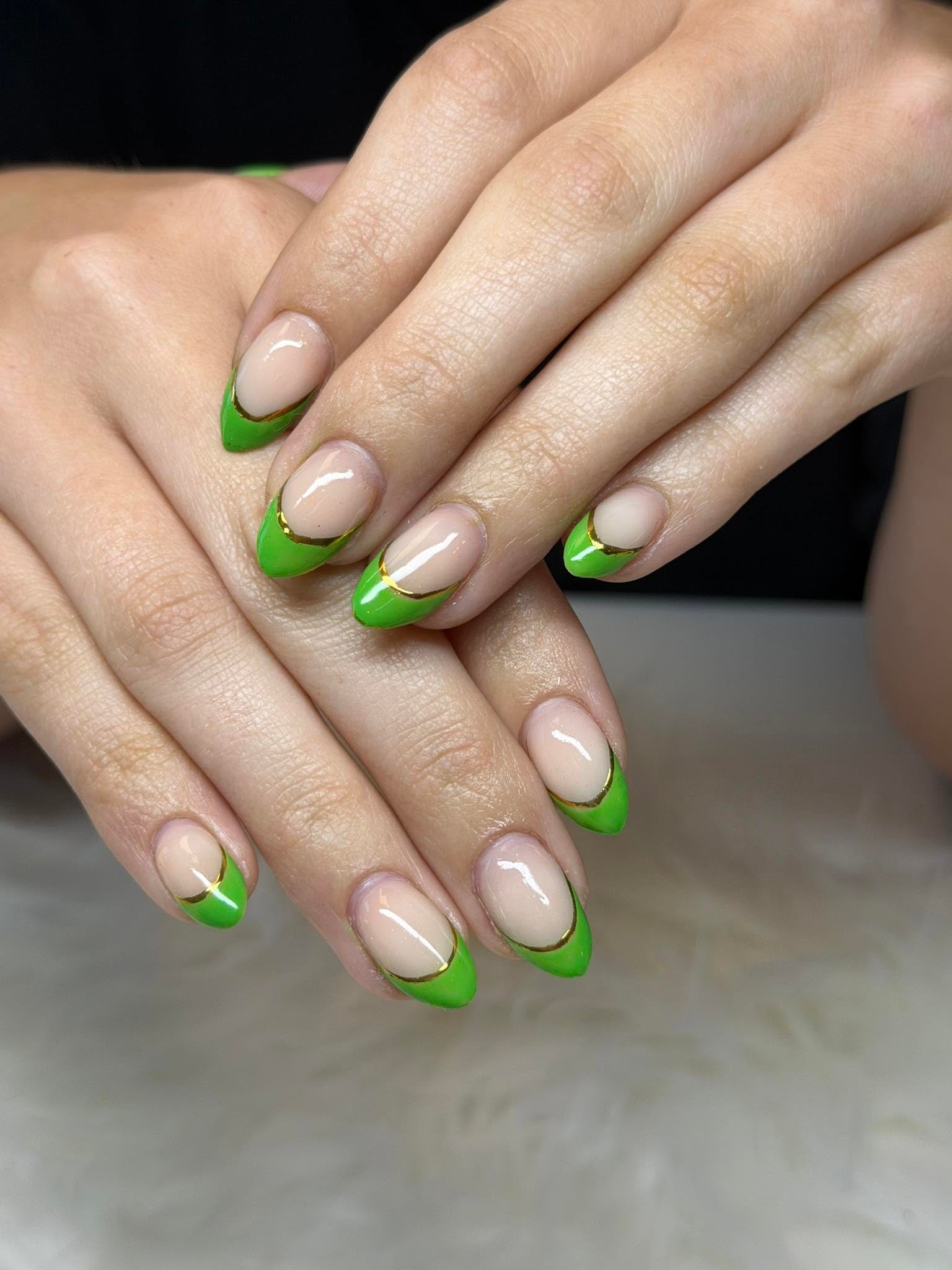 Lime green French tips lined with gold
