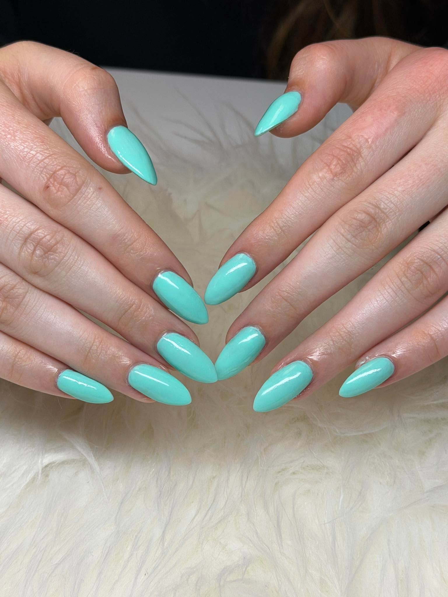Mint green gel manicure with a stiletto shape