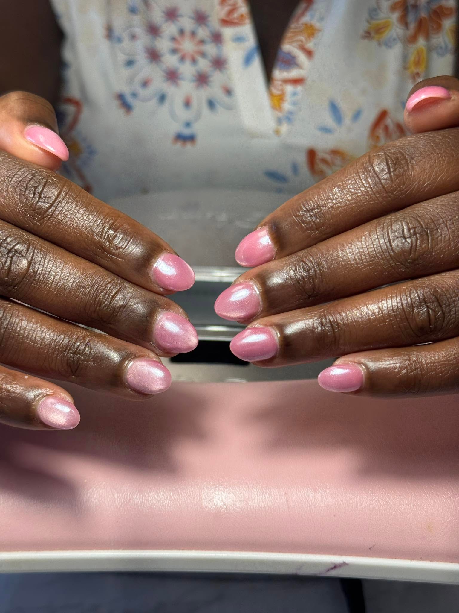 Shimmering pink solid gel manicure