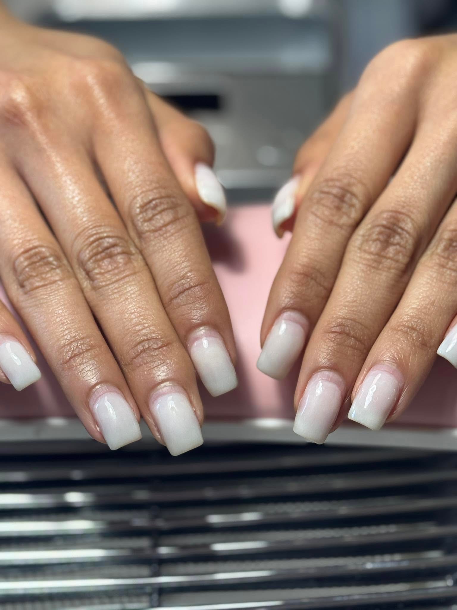 Milky white opalescent square gel manicure