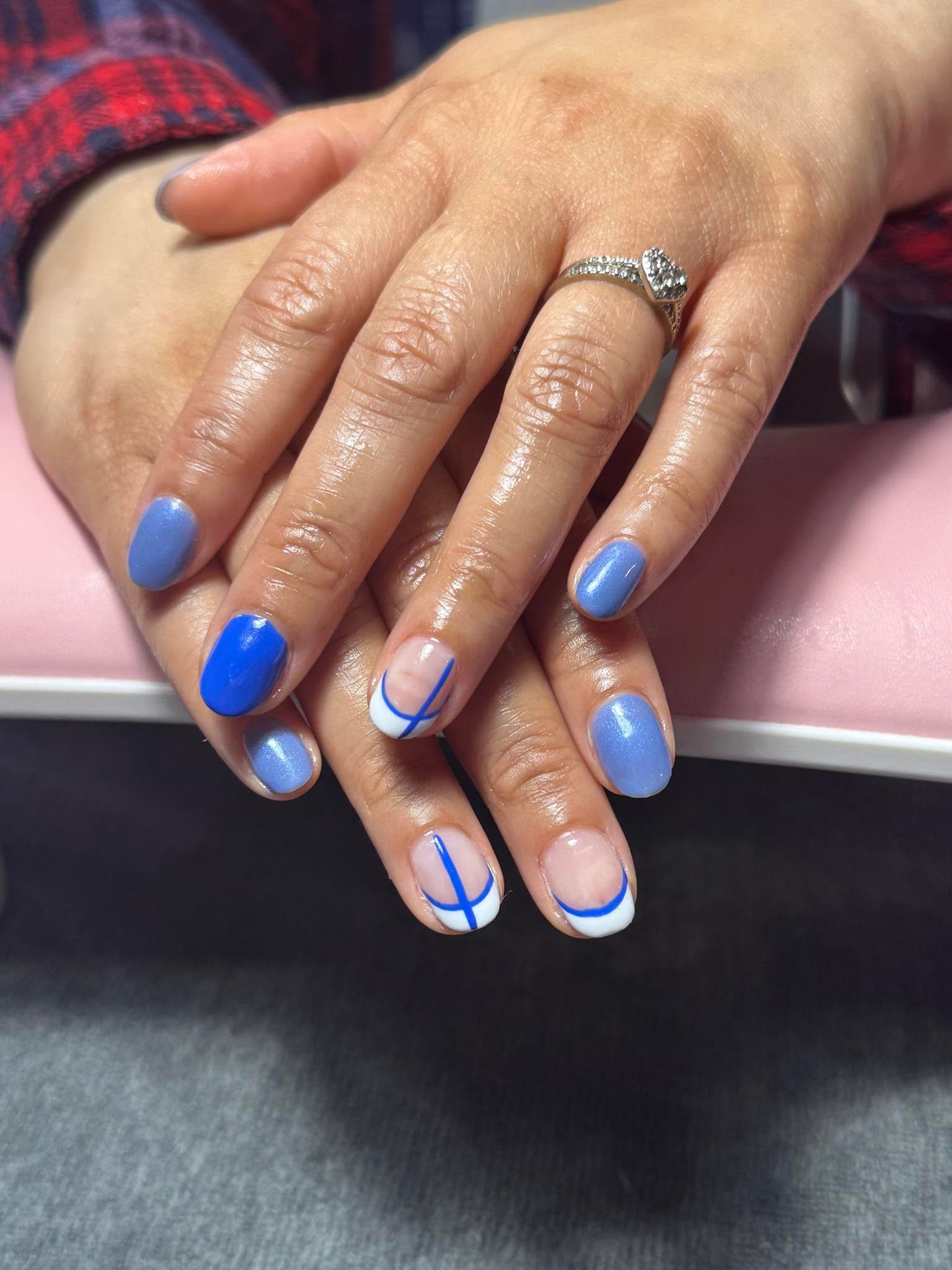 Periwinkle blue solid gel manicure with one French tip accent nail