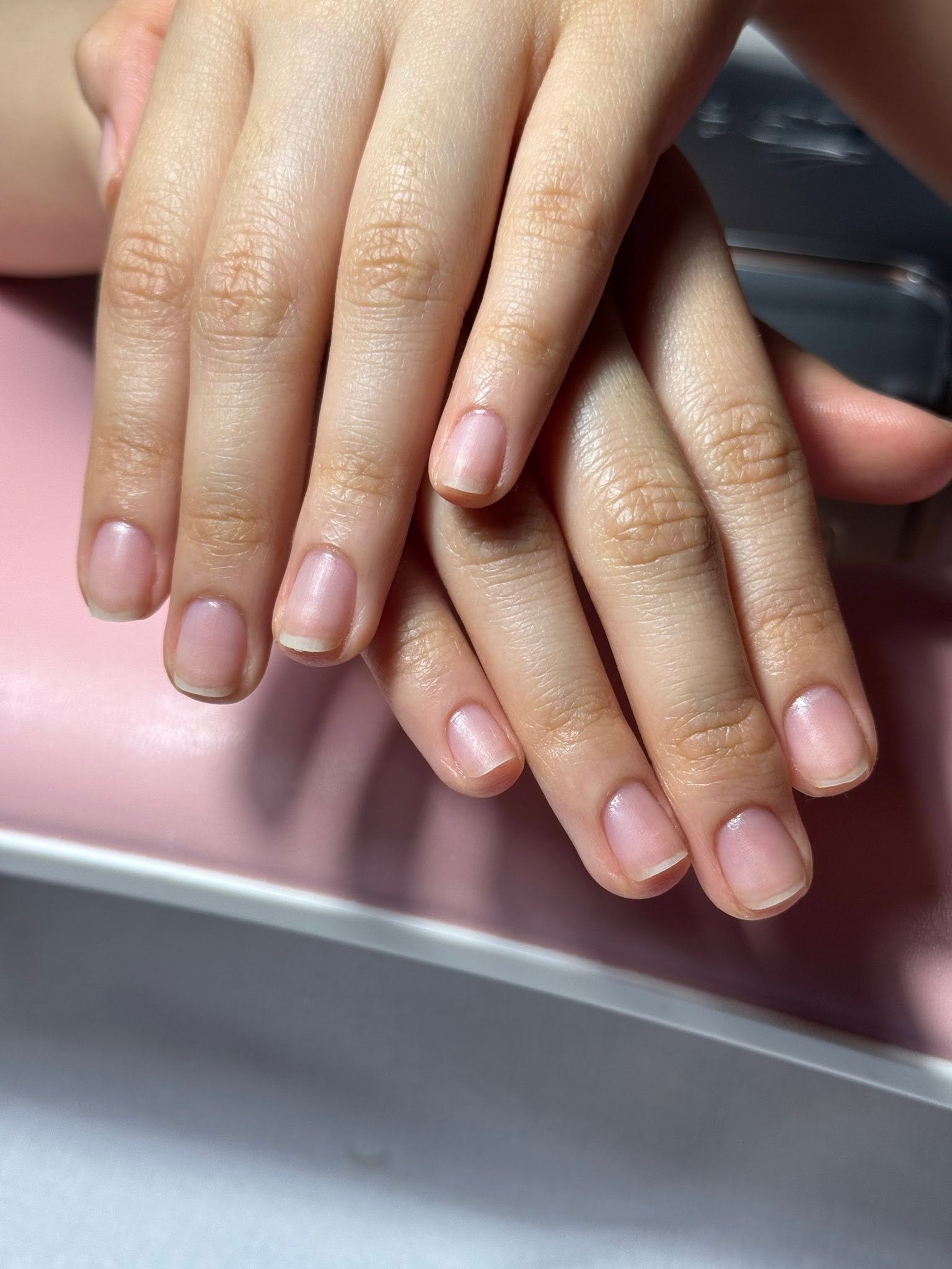 Soft mauve pink solid gel manicure with shimmer