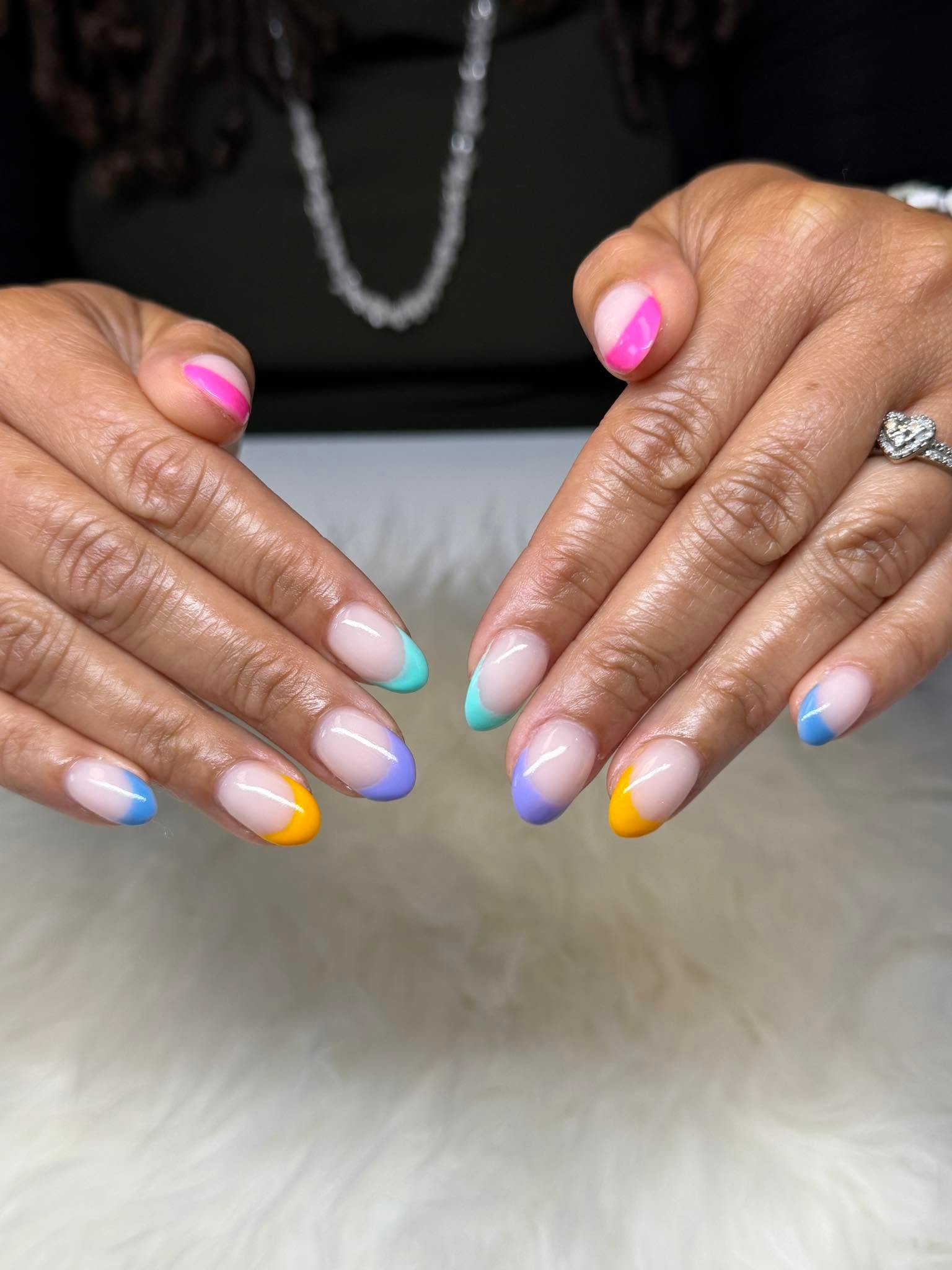 Rainbow color-block French tip manicure