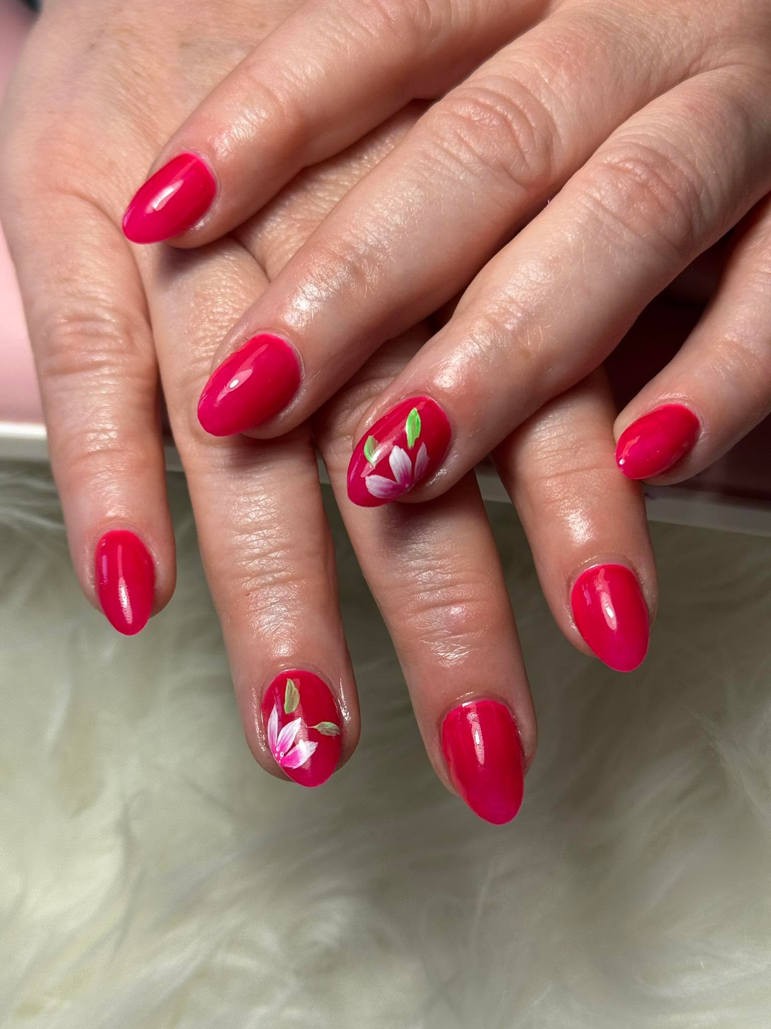 Magenta gel nails with a hand-painted flower accent
