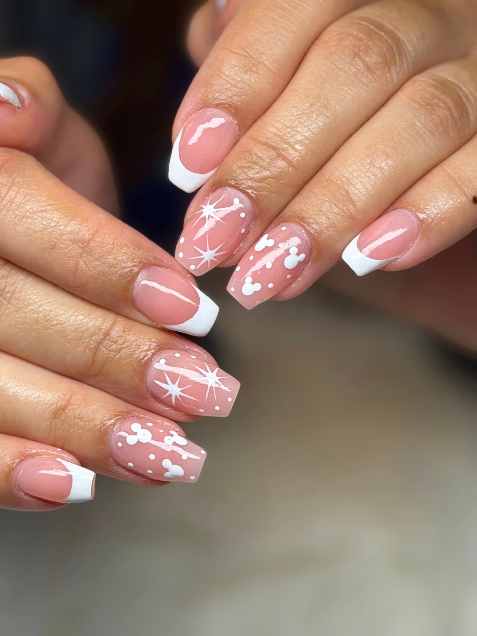 French tips with star and Mickey Mouse dot nail art
