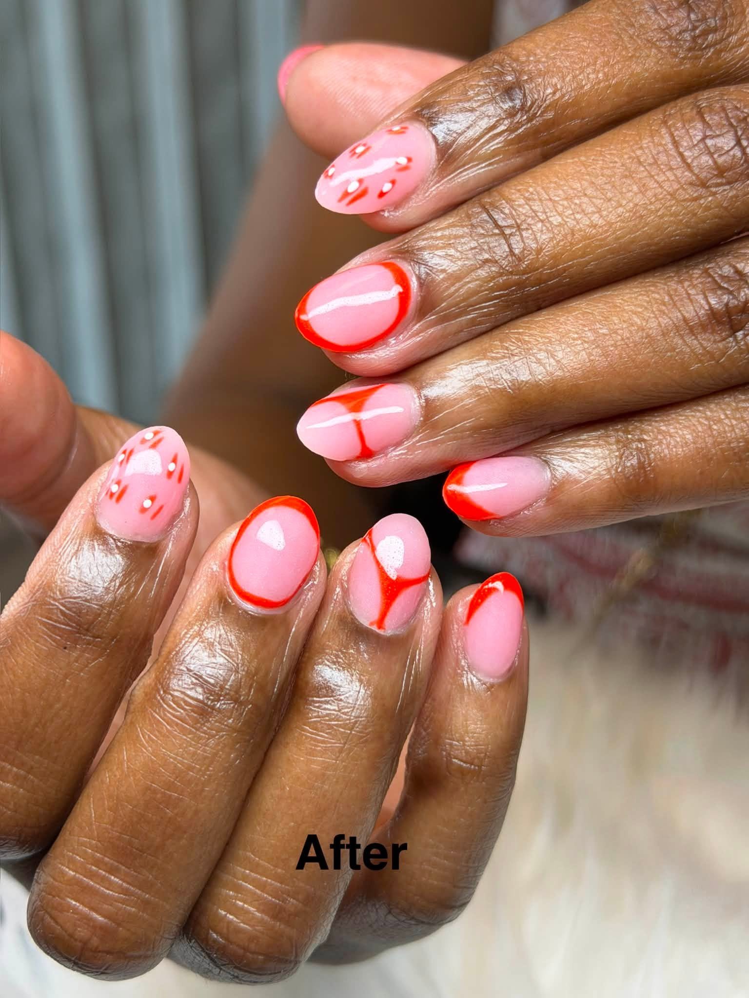 Coral French tips with abstract dot art