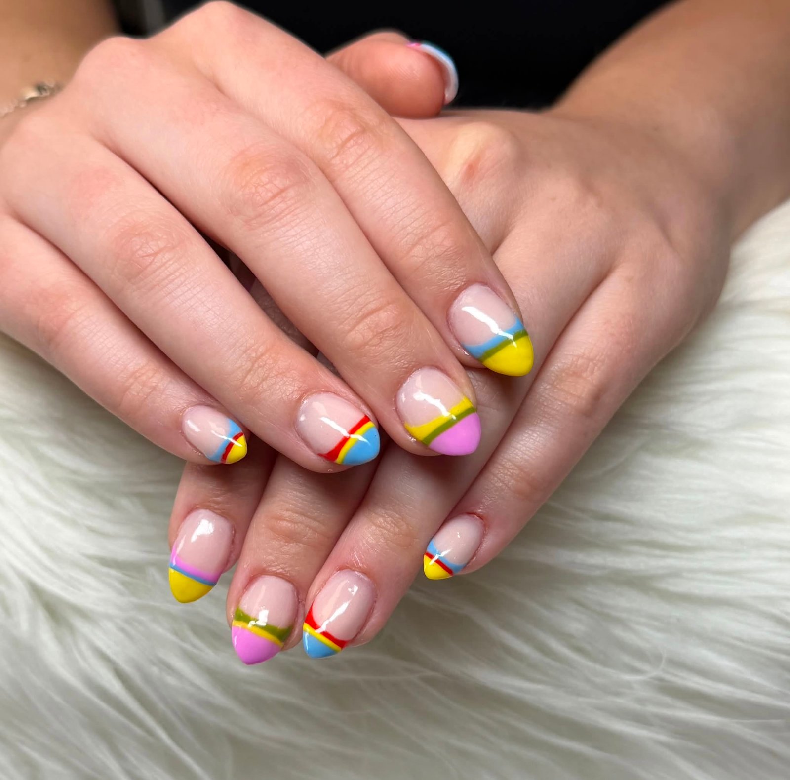 Pastel rainbow color-block French tips