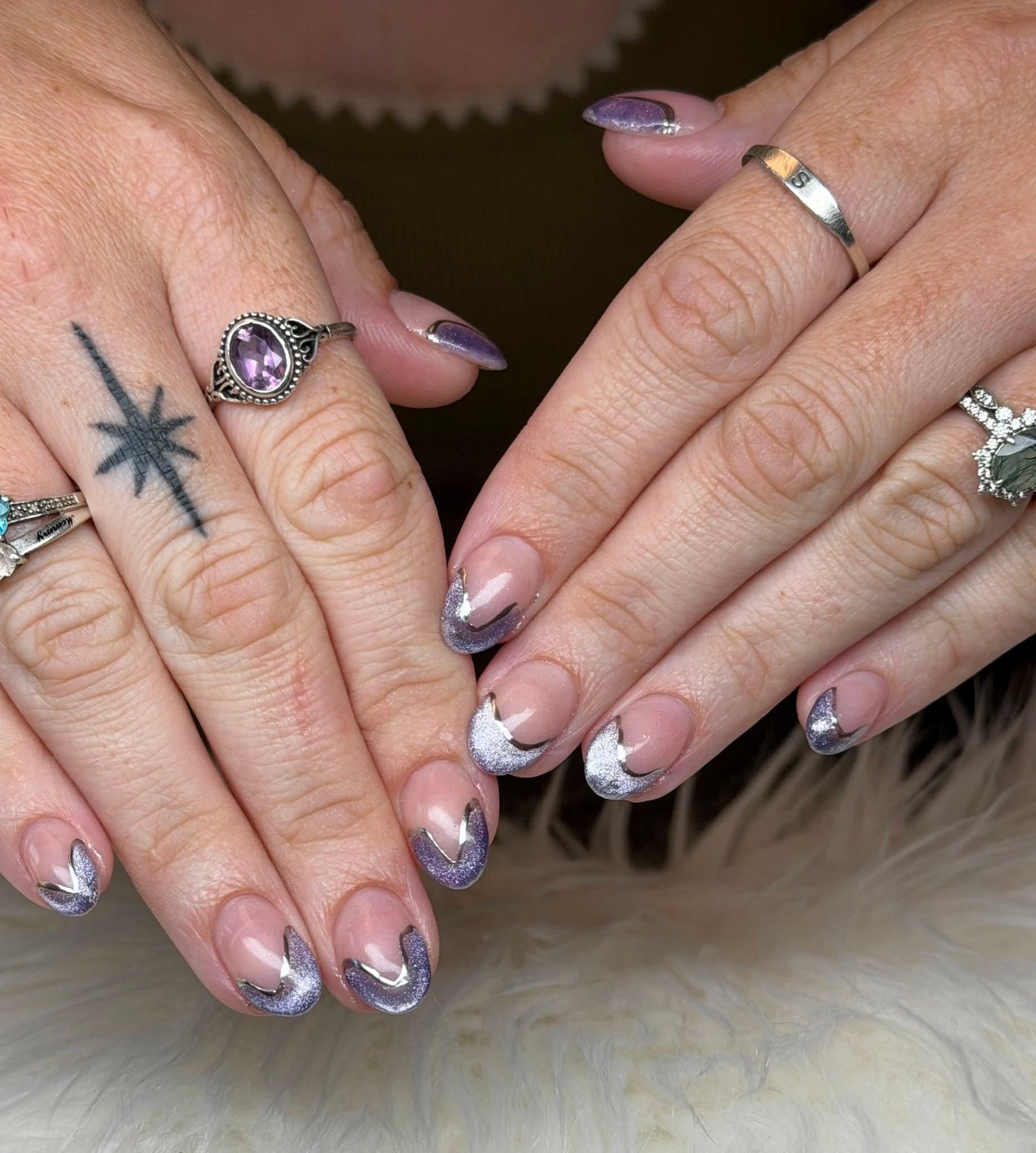 Purple and silver chevron French manicure