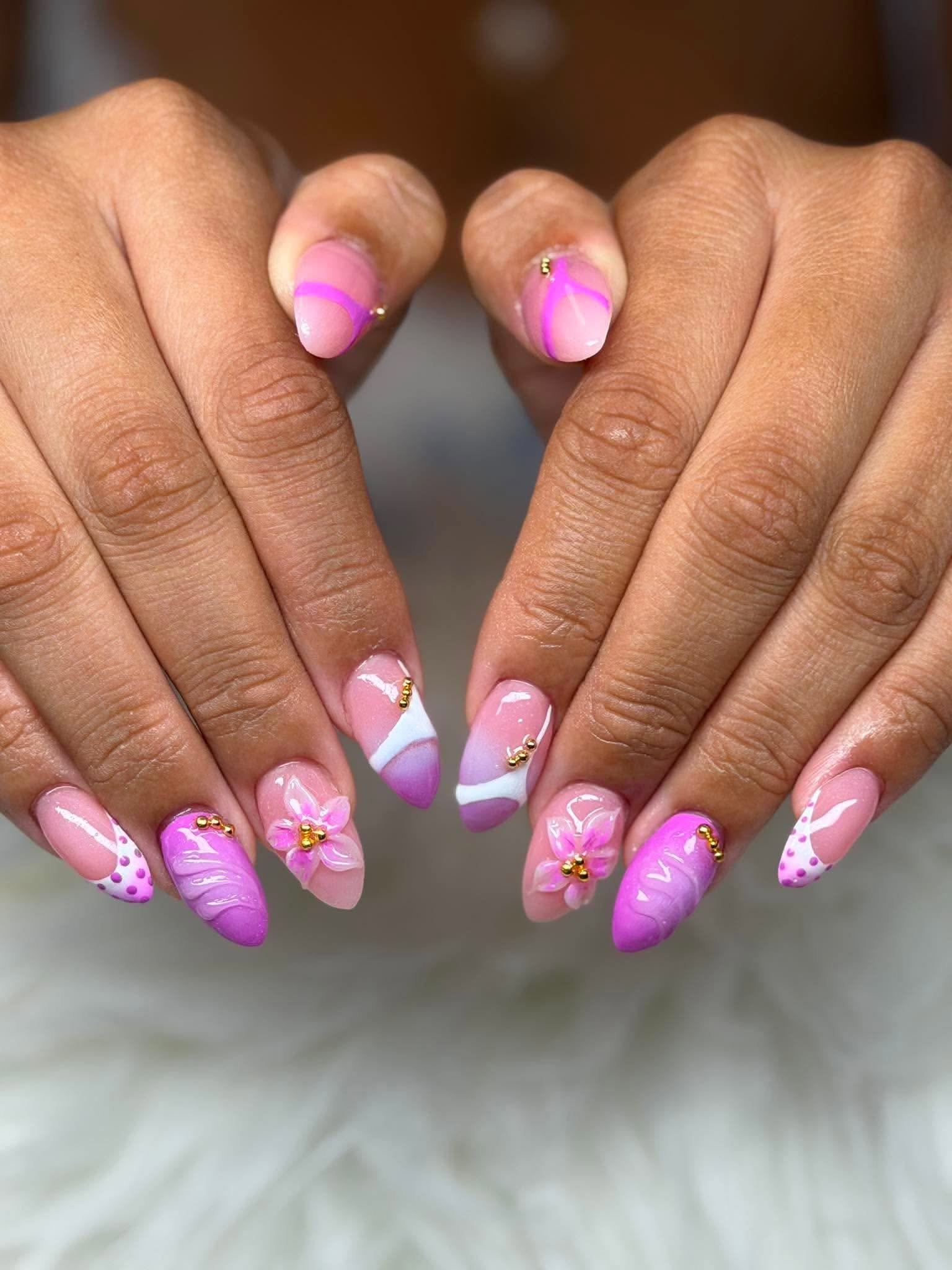 Pink ombre French with 3D flowers and gold beads