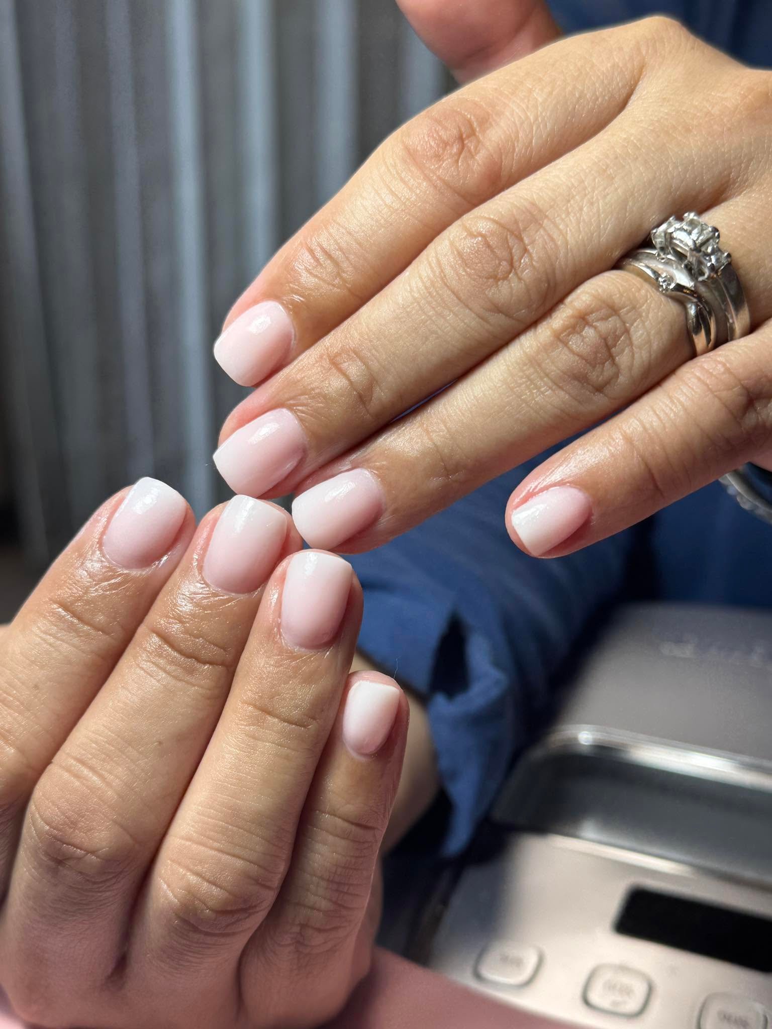 Soft pink ombre baby boomer gel manicure on square nails