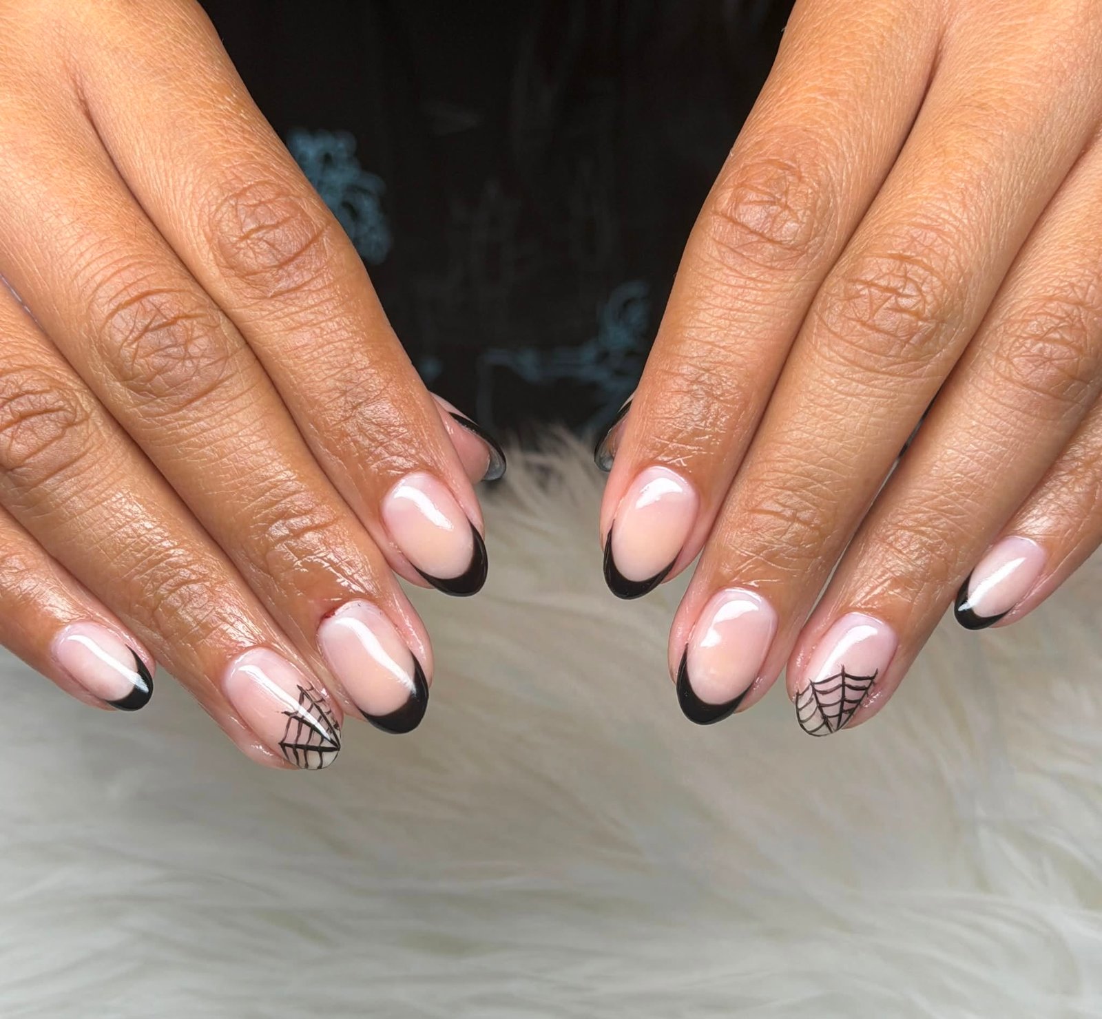 Halloween black French tips with spiderweb art